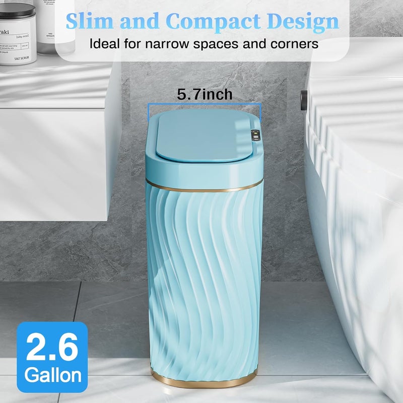 steo spce Bathroom Small Trash Can with Automatic Touchless Lid, 2.6 Gallon Smart Garbage Can Narrow Waterproof Trash Bin for Bedroom, Office, Living Room (Gold Blue) - Image 3